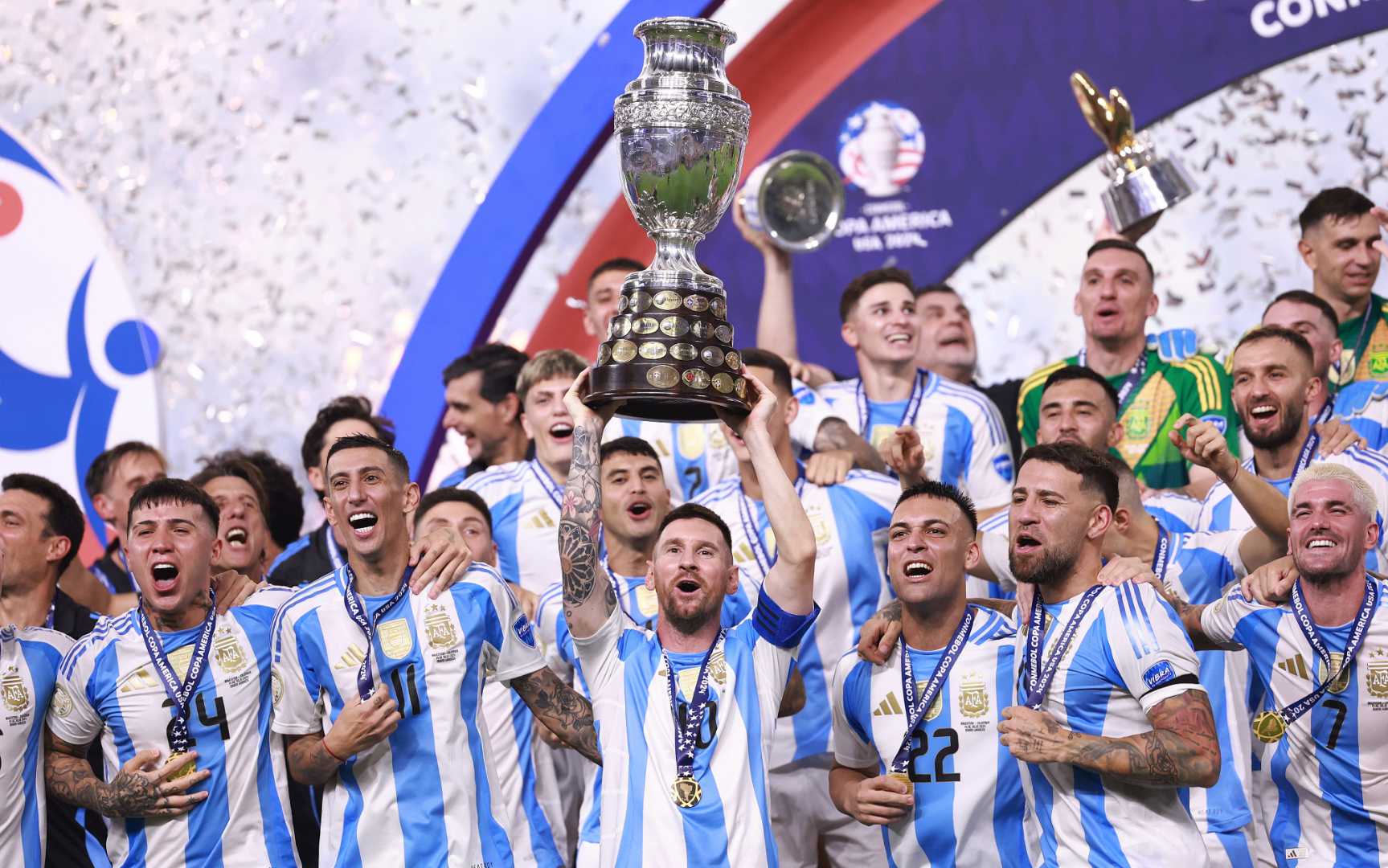 Lionel Messi and teammates celebrate following the Argentina’s victory in the CONMEBOL Copa America 2024 Final against Colombia at Hard Rock Stadium on July 15, 2024 in Miami Gardens, Florida. (Photo by Carmen Mandato/Getty Images)