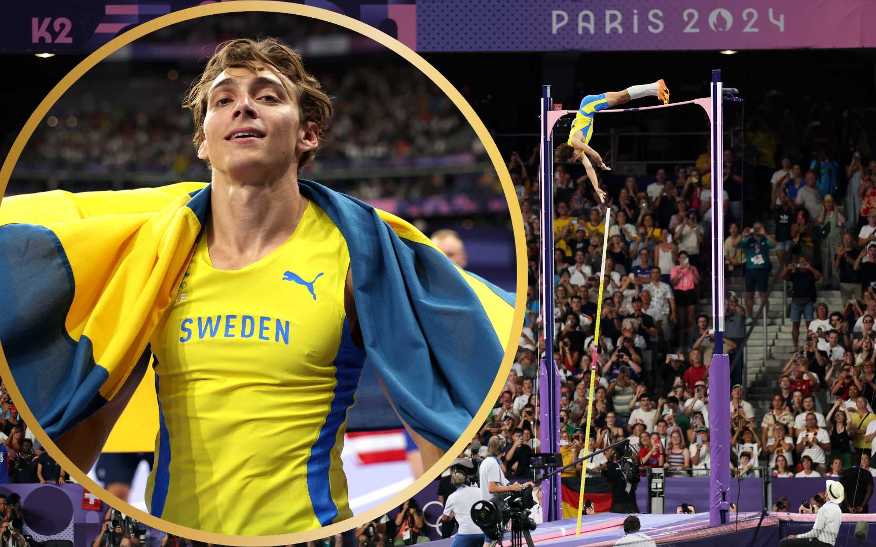 Gold medalist Armand Duplantis of Sweden sets a new world record during the Men’s Pole Vault Final on day ten of the Olympic Games Paris 2024 at Stade de France on August 05, 2024 in Paris, France. (Photo by Patrick Smit